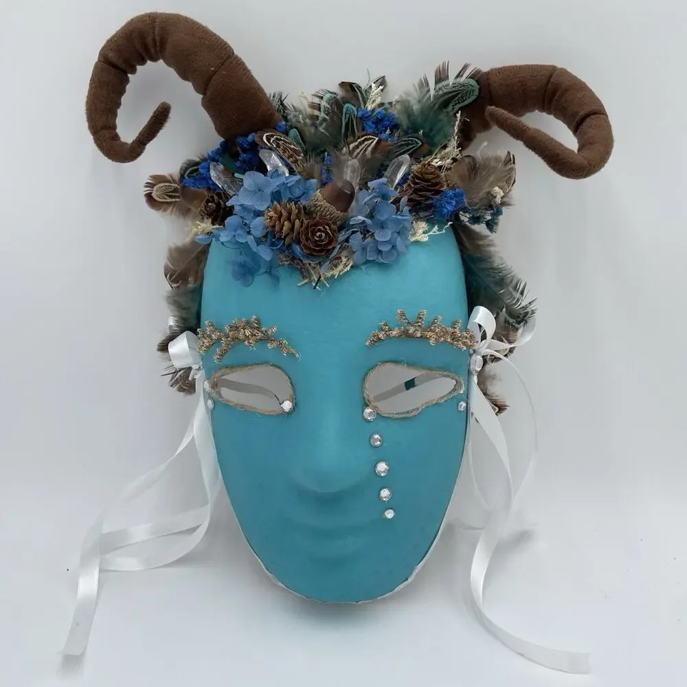 Handcrafted Mask Feathers Velvet Horns Painted Homespun Decor Halloween